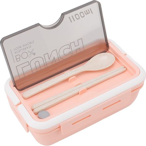 Boîte à lunch compartimentée à 2 compartiments, 1100 ml, rose, idéale pour adultes. Comprend une cuillère et des baguettes. Parfaite pour le bureau ou l'école. (1/5)