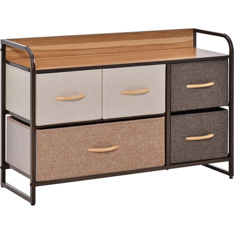 Commode Meuble de Rangement 5 tiroirs en Tissu 87,5 x 29 x 58 cm Marron et Beige avec fonction de rangement et d'affichage idéal pour salon, chambre à coucher ou bureau