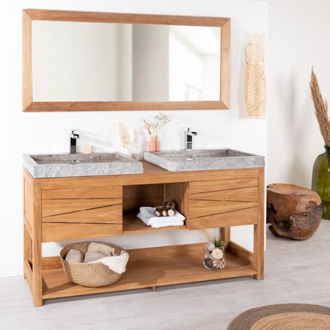 Wanda Collection – Meuble double vasque en teck massif 160 cm – 2 vasques en marbre gris – Vide sanitaire pour tuyaux – Style contemporain (1/5)