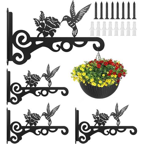 4 Pièces Supports pour Panier Suspendu, 25CM x 15CM Colibri Crochet Mural en Métal pour Panier Suspendu Extérieur avec Vis pour Mangeoire à Oiseaux, Lanterne, Carillon, Jardinière, Pot de Fleur