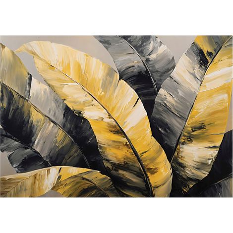 Papier peint mural feuilles abstrait jaune noir intissé grand format design intérieur salon chambre pas cher 150x105 cm (1/5)