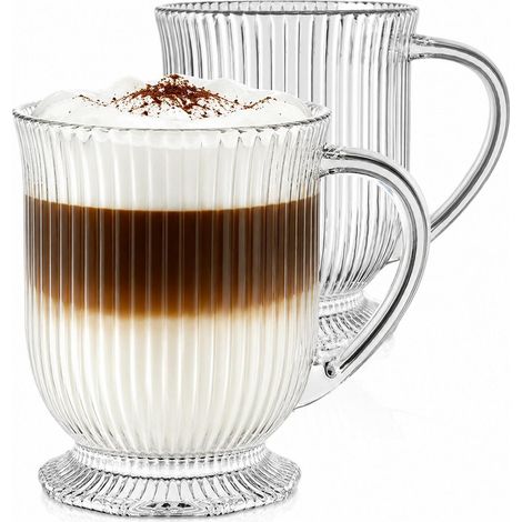 2er Set Glasbecher mit Henkel 480ml geriffelt für Kaffee, Tee, Smoothies