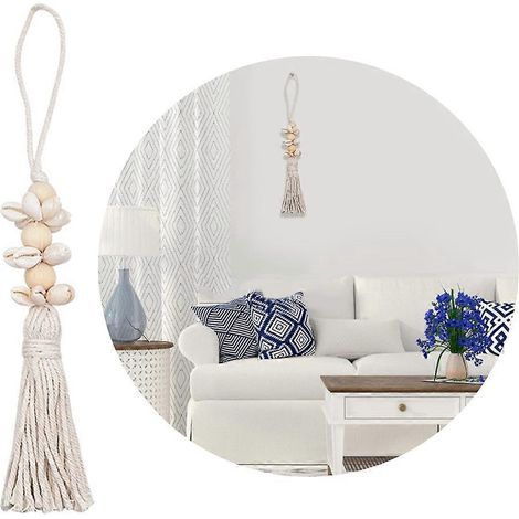 Pendentif en perles de bois et coquillage avec pompons pour décorer un sac de plage, cadeau à faire soi-même (1/4)