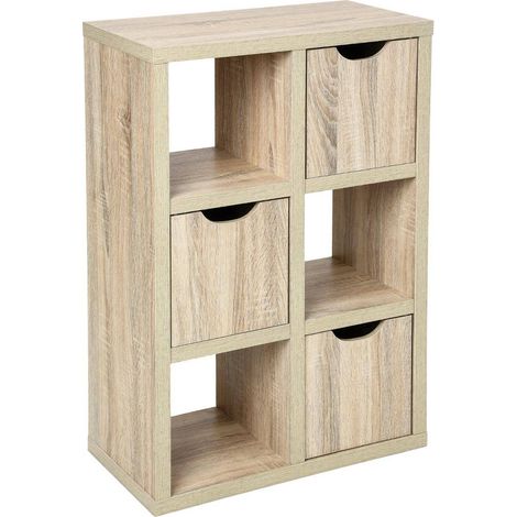 Atmosphera – Meuble de rangement 6 cases et 3 portes effet chêne naturel H 95 cm – Panneau de particules et MDF – Pour salon, chambre ou bureau (1/5)