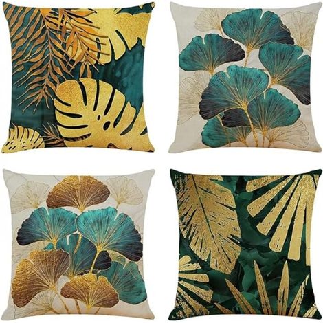Set aus 4 Kissenbezügen 45 x 45 cm, türkisfarbene und goldene Blätter, 18 x 18 cm, Leinenkissen für das Wohnzimmersofa, luxuriöse Kissenbezüge für den Garten. (1/4)