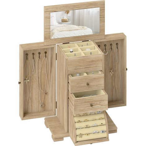 Boîte à bijoux en bois marron avec miroir intégré et design à 4 niveaux pour un rangement élégant et pratique. (1/5)