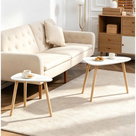 Set de 2 tables basses gigognes en MDF et bois de pin, design scandinave, blanc et naturel (1/5)
