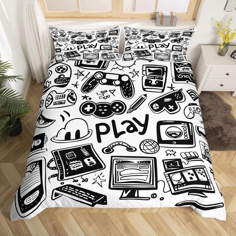 Housse de Couette 140x200 Enfant Garçon Gaming, Parure de Lit Gamer Décoration Chambre Ado, Sets de Housses de Couettes Jeux Vidéo Manette de Jeu, Couvre Lit Graffiti Noir et Blanc - 140x200cm + 1 Tai (1/5)
