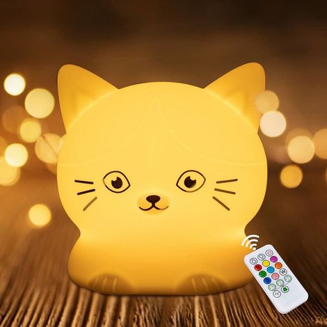 Lampe Nuit En Silicone - Veilleuse Chat LED Rechargeable USB - Pour Chambre Bébé Enfant - 9 Couleurs + Minuterie - 1 Pièce (1/5)
