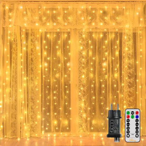 Rideau lumineux intérieur et extérieur - 2 x 2 m - 200 LED - Avec télécommande - Minuterie - Intensité variable - Pour fenêtre, Noël, chambre à coucher - Blanc chaud (1/5)