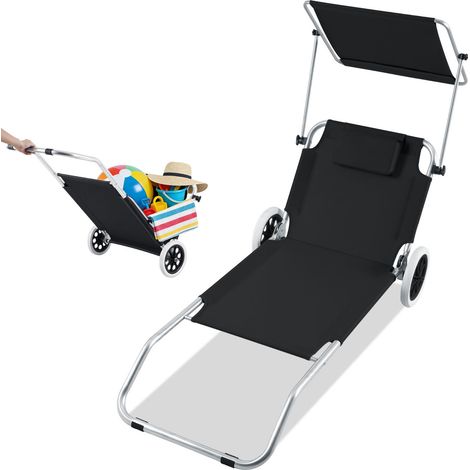 TolleTour Lettino prendisole pieghevole con ruote 2 in 1, sdraio da spiaggia con parasole regolabile, schienale 4 posizioni, 147×52×15 cm, nero
