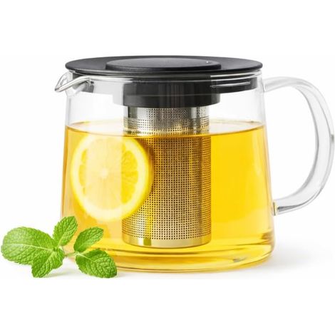 Théière en verre 1L avec infuseur inox, design noir, filtration fine, idéale pour thé en vrac et moments conviviaux (1/5)