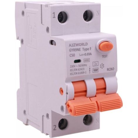 RCBO Interruttore Magnetotermico Differenziale Tipo F Curva C 1P+N 2M 6000A 30mA AC 230V IP20 Corrente Disponibili 6A 10A 16A 20A 25A 32A 40A 50A 63A (C50A)