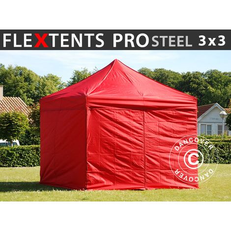 Faltzelt FleXtents PRO Steel 3x3m Rot, mit 4 Seitenwänden