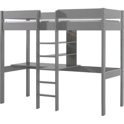 Cama Alta 90x200 con Somier y Escritorio Vipack Pino Gris