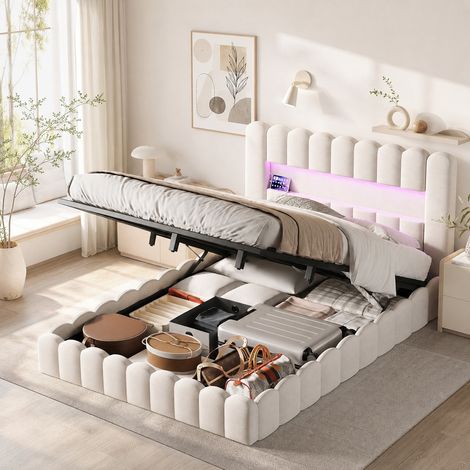 Lit coffre 180x200 cm avec rangement hydraulique, tête de lit rembourrée avec rangement, LED et ports USB, sommier à lattes et cadre métallique, lin beige