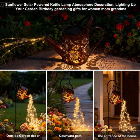 Arrosoir Solaire Lumineux Décoration Jardin Extérieur Étanche Lampe Solaire Suspendue avec Guirlande LED Effet Cascade d'Eau pour Cour Allée Pelouse Cadeau Jardinage