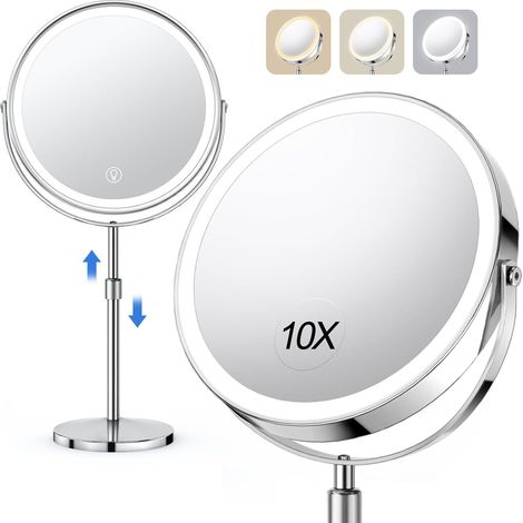 Un miroir de maquillage avec éclairage, rotatif à 360° (1 x / 10 x), luminosité réglable avec fonction grossissante, miroir double face rechargeable, disponible en 3 couleurs, un cadeau parfait pour l (1/2)