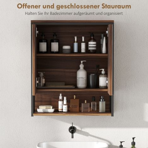 Armoire à miroir suspendue pour salle de bain, meuble mural en panneaux MDF et aggloméré, finition marron, rangement pratique avec porte miroir. (1/5)
