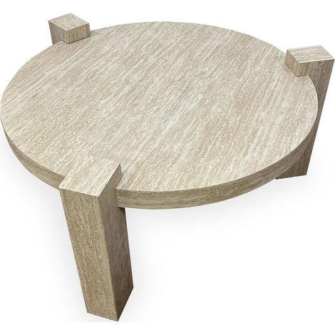 Cotecosy – Table basse ronde Titouan 84cm – Effet travertin beige – Design sculptural à 3 pieds débordants – Élégante pièce maîtresse (1/5)