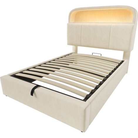 Cama arcón 90x200 cm con cabecero regulable, LED, USB-C, terciopelo beige, colchón incluido (1/5)