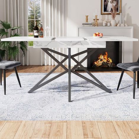 Table extensible 120x80, extension 160cm table à manger, plateau imitation marbre, pieds étoile métal (1/5)