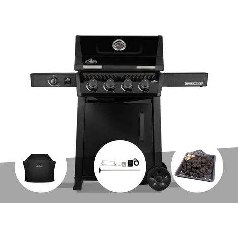Barbecue gaz Freestyle 425 noir 4 brûleurs + 1 réchaud latéral + Housse de protection + Rôtissoire + Plateau charbon - Napoléon