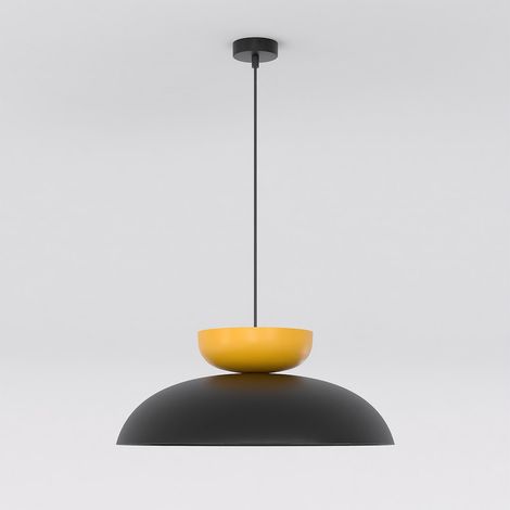 Lampada a sospensione Mega a cupola in acciaio nero e arancione