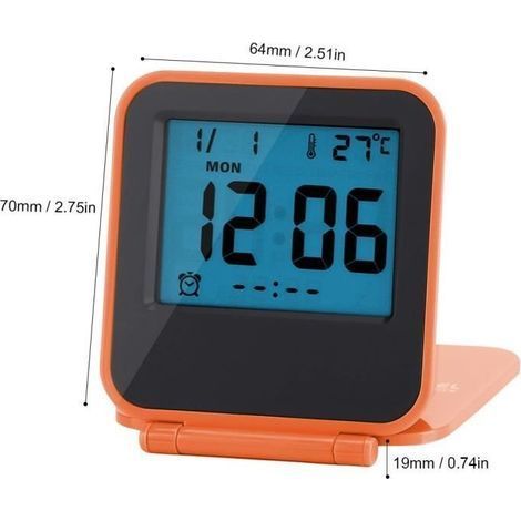 Tragbarer, faltbarer digitaler Reise-Tischwecker mit Temperaturanzeige, Datumsanzeige und orangefarbenem Display -GUA