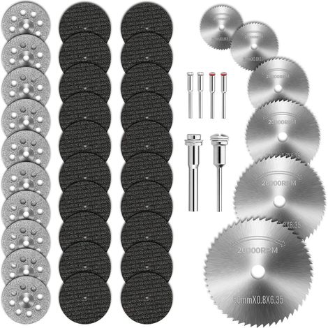 42 discos de corte de diamante en miniatura, 6 mandriles, discos de corte de diamante y discos de corte de resina para madera, plástico, fibra de vidrio, cobre y aluminio. (1/5)