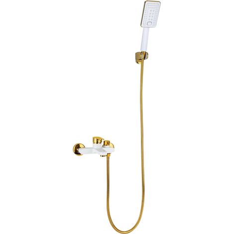 Duschset, Badewannenarmatur mit Handbrause, Badezimmerarmatur aus Edelstahl, Weiß + Gold