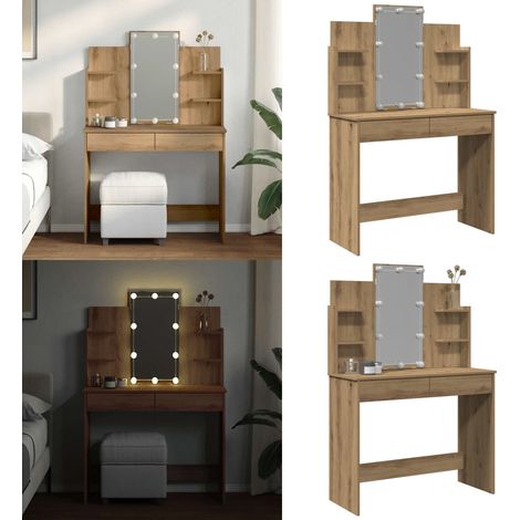 vidaXL Schminktisch mit LED-Leuchten Artisan-Eiche 96x40x142 cm