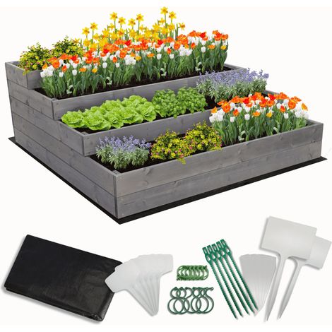 MODO24 Carré potager surélevé en bois, 4 niveaux en cascade, 45x117x120 cm, jardin/terrasse, kit jardinier inclus, gris imprégné