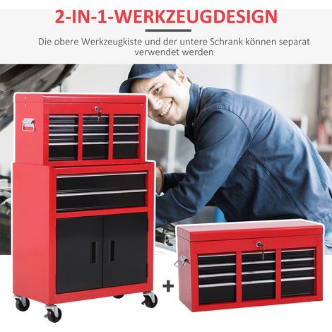 Coffre à outils sur roues métallique rouge 6 tiroirs avec armoire de rangement (1/4)