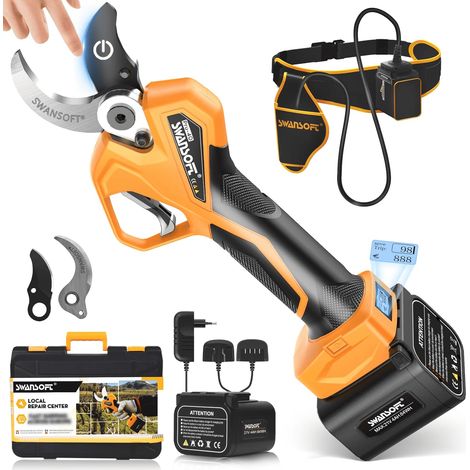 SWANSOFT PRU40 Secateur Electrique Professionnel, 40mm 21V 1050W 4Ahx2 Sécateur Électrique Sans Fil Avec Batterie Secateur Electrique sans Fil pour Jardinage, Bleu/Noir (1/5)