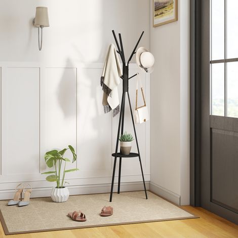 Garderobenständer Kleiderständer mit Ablage und 8 Haken Jackenständer Moderner Garderobe für Kleidung Hut Tasche, Wohnzimmer, Schwarz