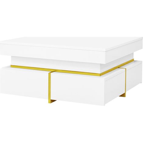 Mesa de centro con 2 Cajones y Detalles Dorados, Acabado Brillo, Estilo Moderno, en Tablero de Partículas, Blanco