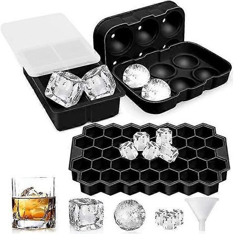 Moule à glaçons 3D en silicone pour cocktails au whisky, lot de 3 avec 1 entonnoir (1/5)