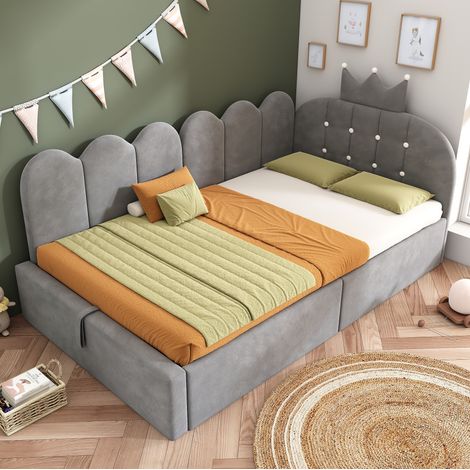 Lit banquette en velours gris 90x190 cm forme L avec tête de lit couronne, coffre hydraulique et sommier à lattes (1/5)