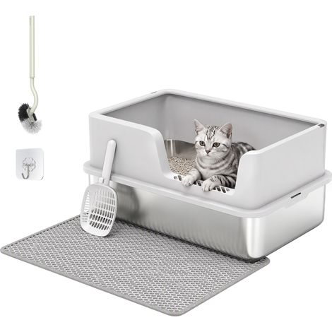 PawHut Lettiera per Gatti XL con Vassoio in Acciaio Inox, Grigio Chiaro (1/5)