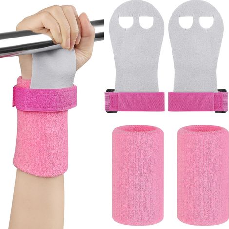2 Paires Gants de Gym + 2 Paires Poignets de Sport, Maniques Gymnastique Enfant avec Bracelets, Protection Paumes Anti-Ampoules, Cuir Vachette, pour Barre, Traction, Crossfit, Yoga, Rose-M (1/5)