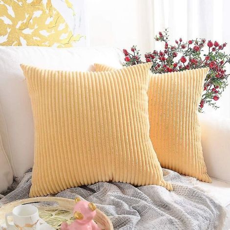 Ensemble de 2 coussins et housses de coussins rayés jaune clair, housse de coussin carrée décorative en velours côtelé doux, taie d'oreiller, décoration intérieure (1/5)