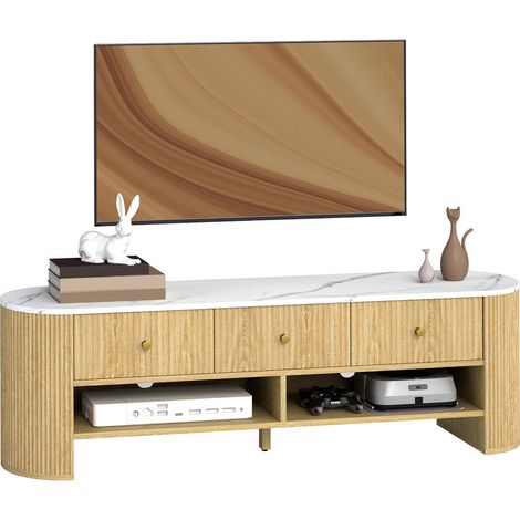 Rangement Salon Ordonné Meuble Télé 140 cm Plateau Effet Marbre et 3 Tiroirs Cannelés pour TV 65 Pouces (1/5)
