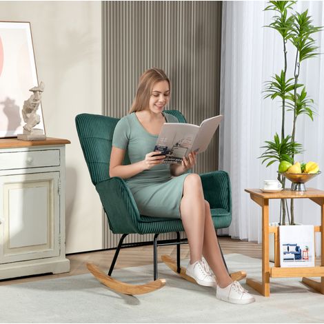 Silla mecedora de poliéster verde oscuro con reposabrazos y base de madera, 71 x 98 x 101 cm (1/5)