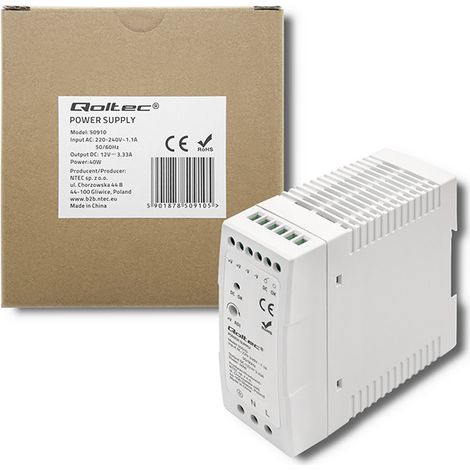 Qoltec DIN-Schienen-Netzteil 40 W 12 V 3,33 A Weiß Schlank (1/5)