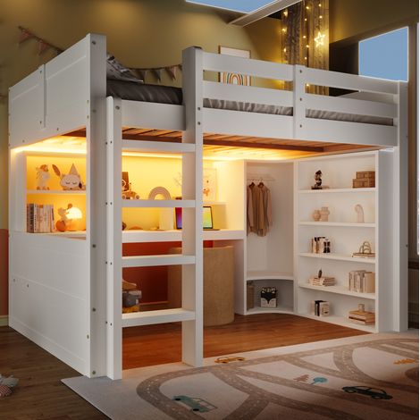 Kinder-Hochbett 140 x 200 cm mit LED, Schreibtisch, Schrank und Stauraum, weiß OKMYHOME (1/5)