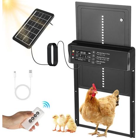 Puerta automática para gallinero, Puerta solar para gallinero, Puerta de aluminio para gallinero con pantalla LCD programable, control remoto (1/5)