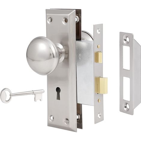 Serrure à mortaise pour porte intérieure, boutons de porte vintage avec serrure et clé squelette, finition nickel brossé (1/5)