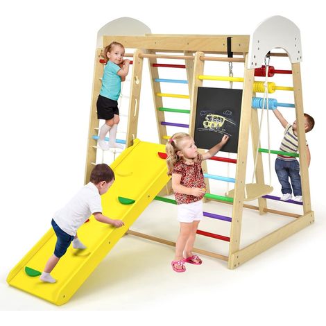 COSTWAY Set Escalada 8 en 1 para Niños,Escaldada de Madera con Tobogán, Rocas de Escalar y Escalera, Red de Escalada, Barra Horizontal, Centro Actividad de Interior para Niños 3+ Años (Multicolor) (1/5)