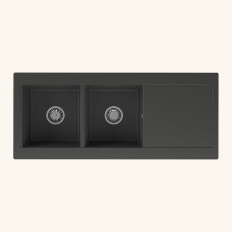 Kümbad – Évier granit noir 120x51 cm à encastrer – 2 bacs réversibles – Équipement inclus : bonde, siphon, tuyaux d'évacuation (1/3)